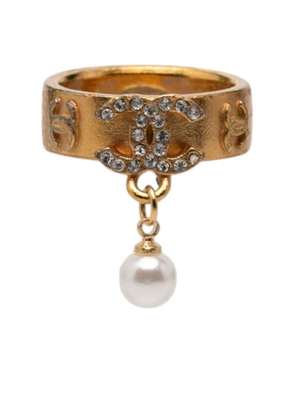 Chanel CC Logo Rhinestone Ring Gold Plated